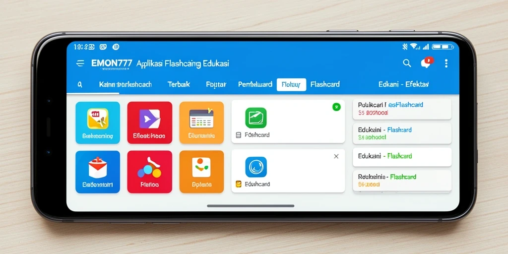 Screenshot aplikasi EMON777 dengan tampilan antarmuka flashcard yang menarik.