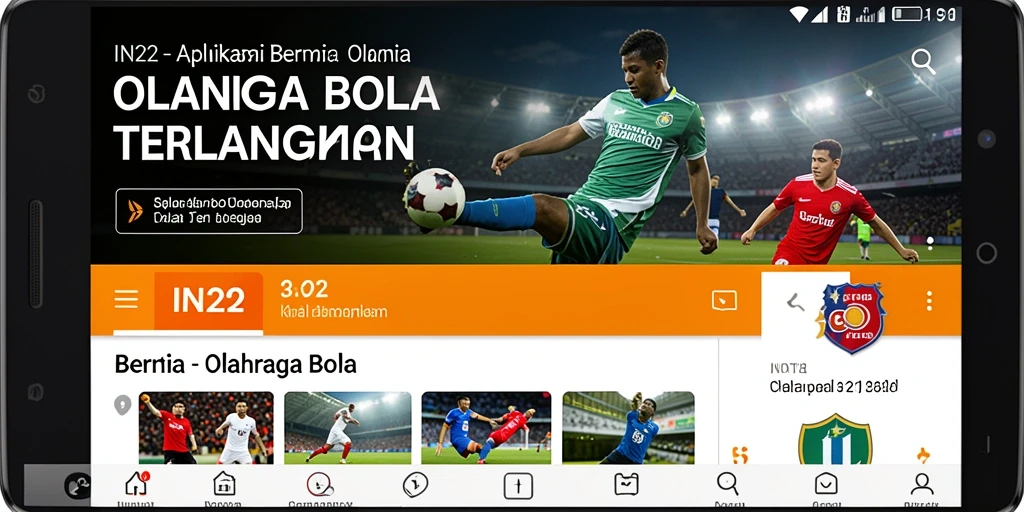 Antarmuka aplikasi IN22 yang menampilkan berita olahraga bola.
